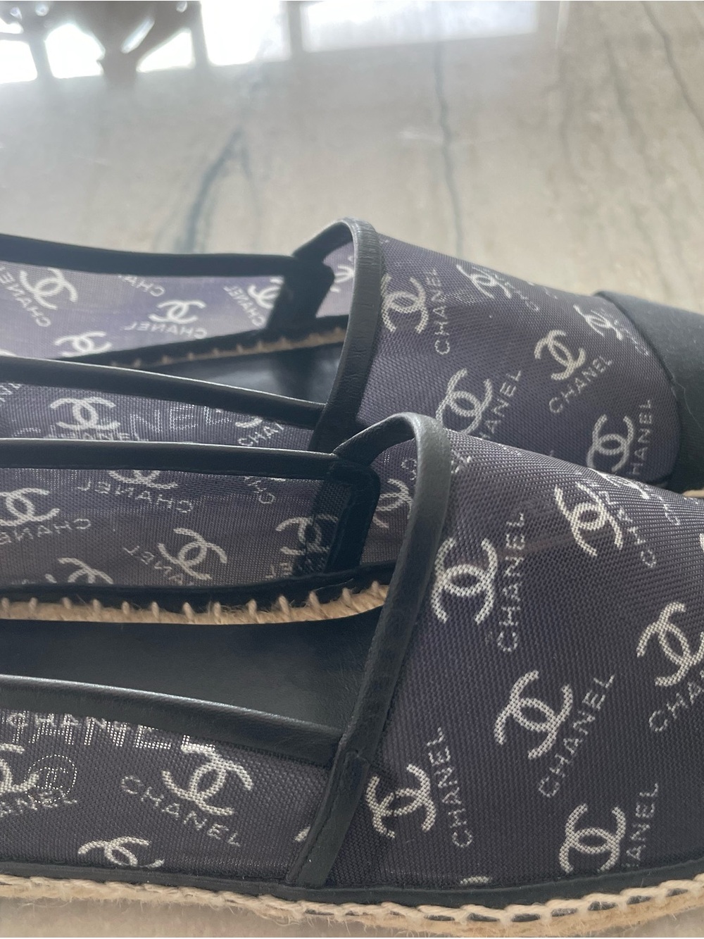 CHANEL Black and White Logo Canvas Espadrilles